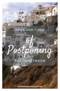 Postponing the Honeymoon Pinterest graphic with background of Santorini