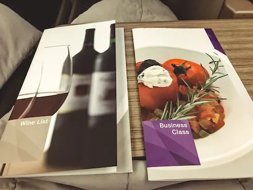 Wine and Food Menus Business Class