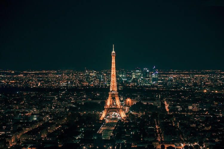 Eiffel Tower at night in Paris, France