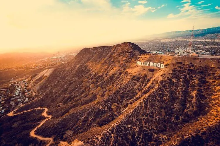 Hollywood Hills and the famous Hollywood Sign at midnight