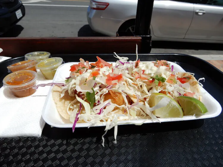 Fish and spicy shrimp tacos at Tacos Mimi