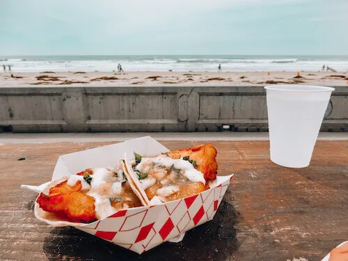 Tacos El Gordo Fish tacos while overlooking Pacific Beach, San Diego