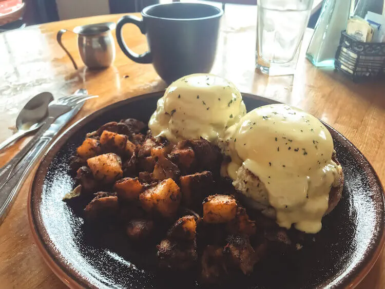 Crab eggs benedict with crispy potatoes at Bayside American Cafe - Best Restaurants in Portland Maine