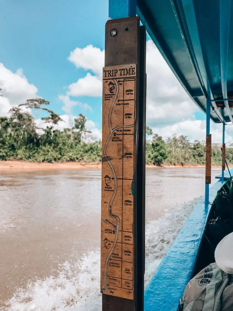 Trip Time map on the boat going to Tambopata Research Center