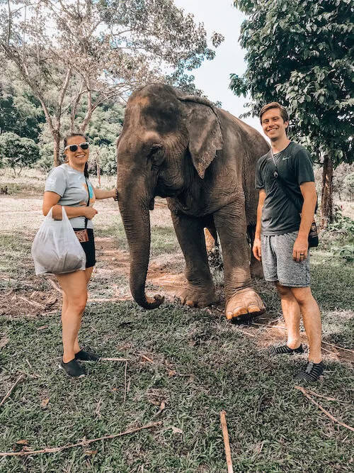 Kat, Chris, and elephant at Elephant Nature Park