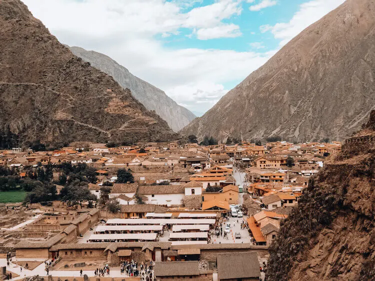 Overlooking Ollantaytambo town while on top of the ruins in the Sacred Valley, Peru