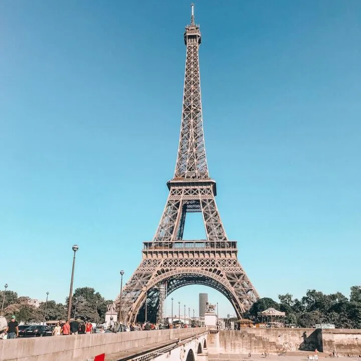 Eiffel Tower with a bridge in Paris, France