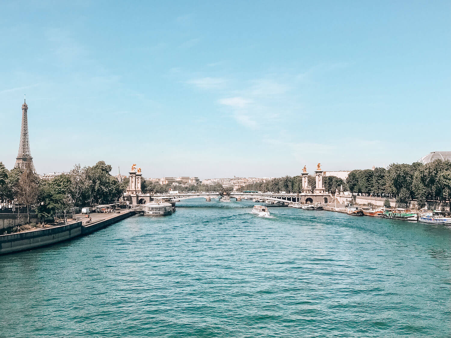 View of Paris along the Seine with Eiffel Tower