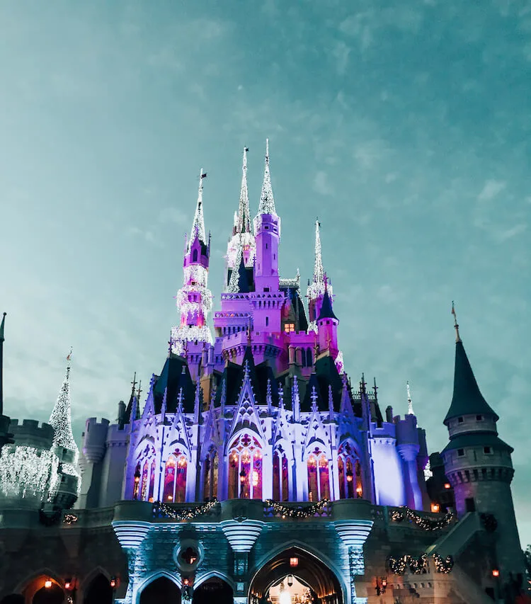 Cinderella's Castle lit up in the early morning