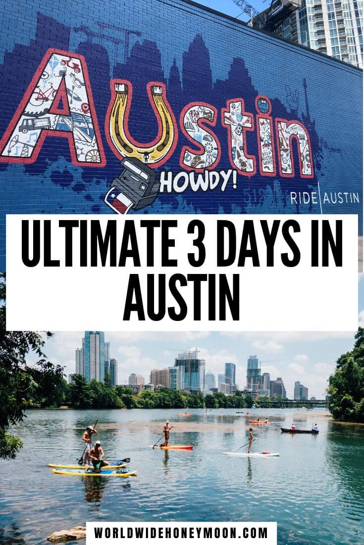 Austin Texas Things To Do | top photo is of the Austin Howdy mural, bottom are people paddle boarding and kayaking on Lady Bird Lake. 