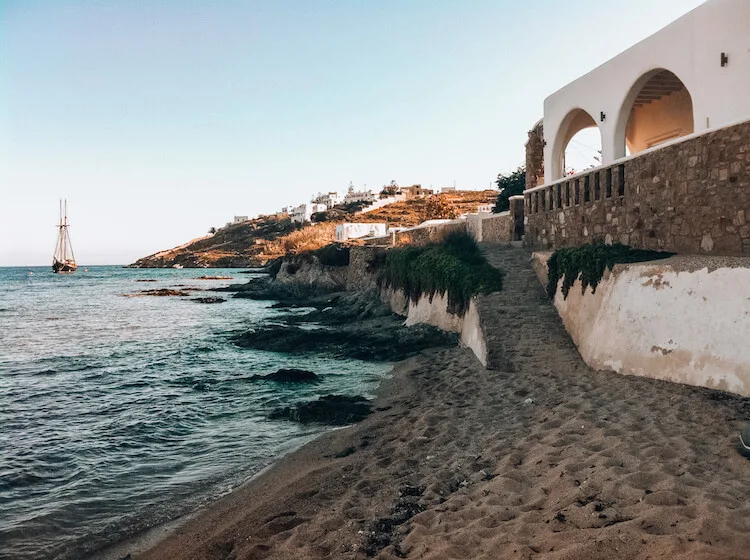 Ornos Beach at sunset in Mykonos