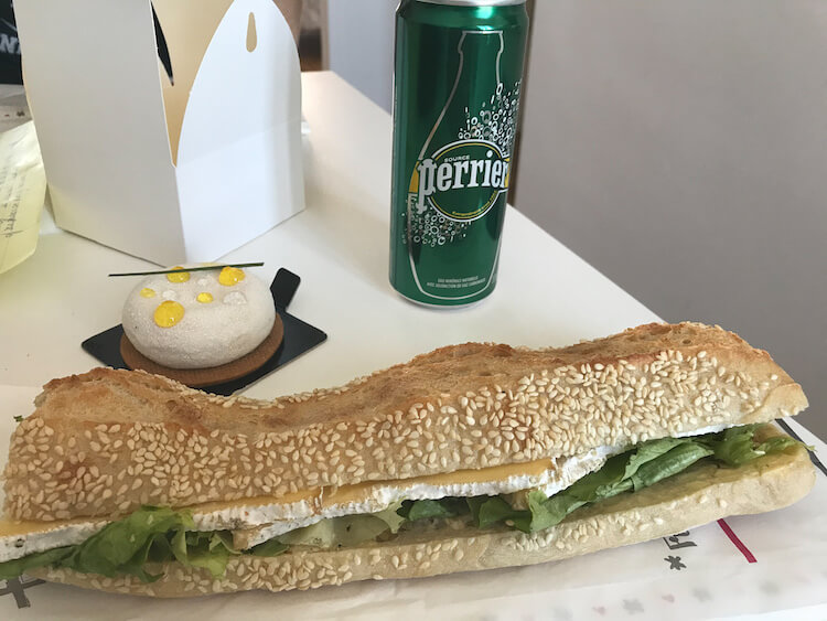 Cheap eats- cheese sandwich and Perrier for lunch
