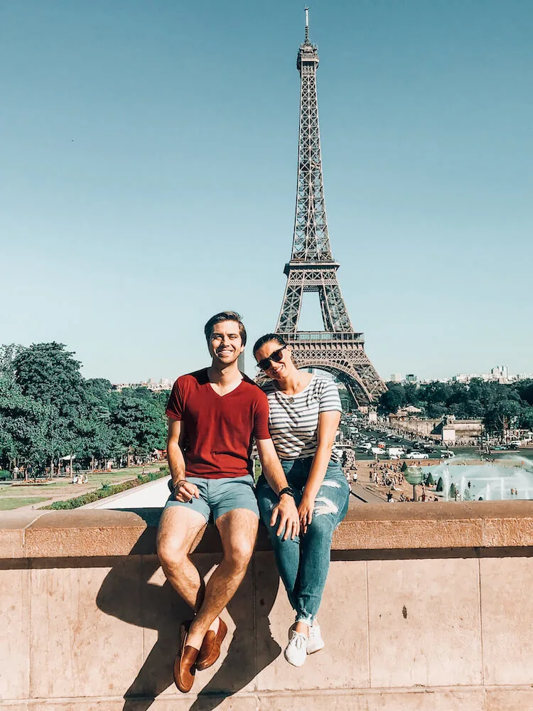 Kat and Chris in front of the Eiffel Tower- Trip to Paris Cost