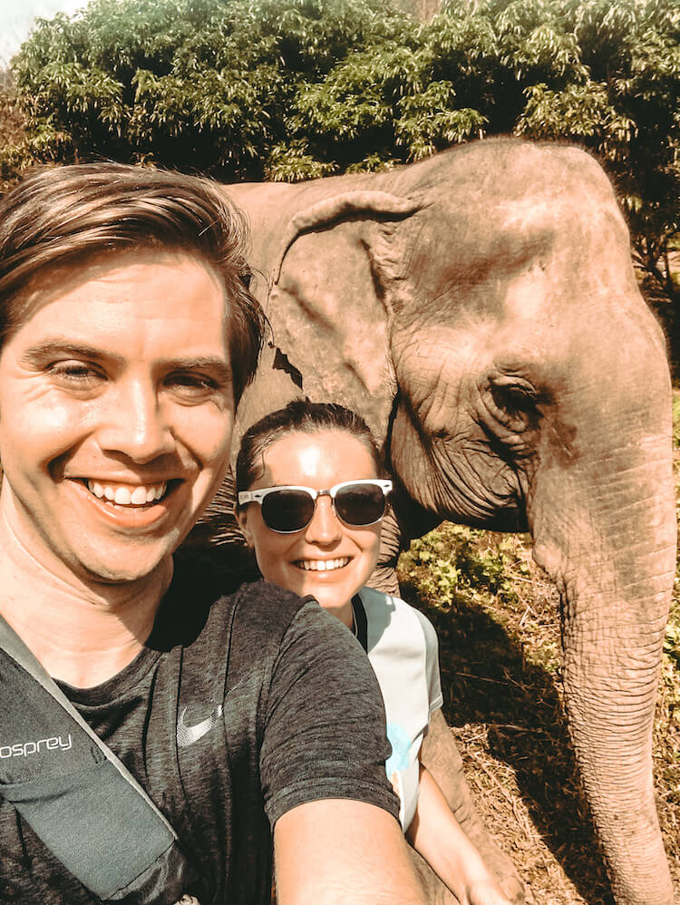 Kat and Chris with an elephant at Elephant Nature Park