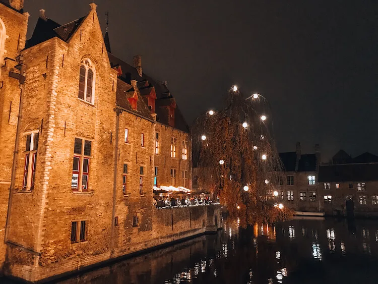 Bruges at night with a tree covered in lights hanging over the canal