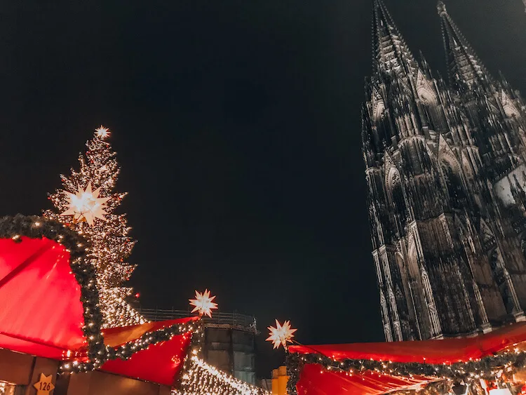 Cologne Cathedral Christmas Market at night with church and tree