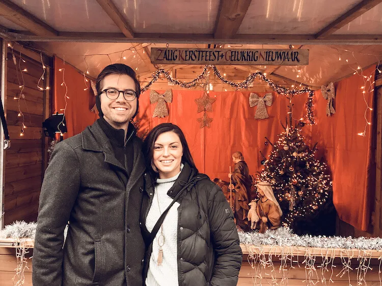 Kat and Chris in front of the Bruges Belgium Christmas Nativity Scene