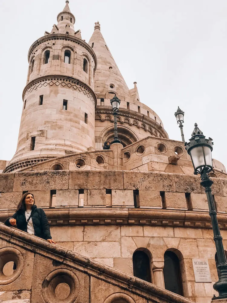 Kat climbing Fisherman's Bastion in Budapest - 4 Days in Budapest Itinerary