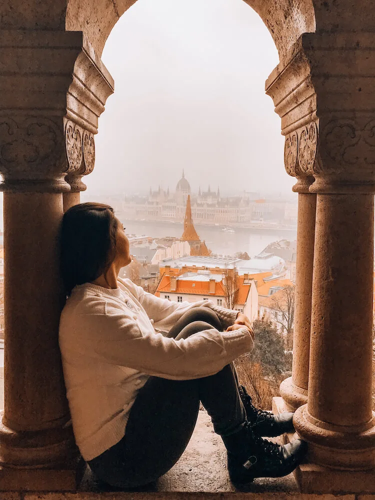 Kat overlooking the Parliament Building in Budapest