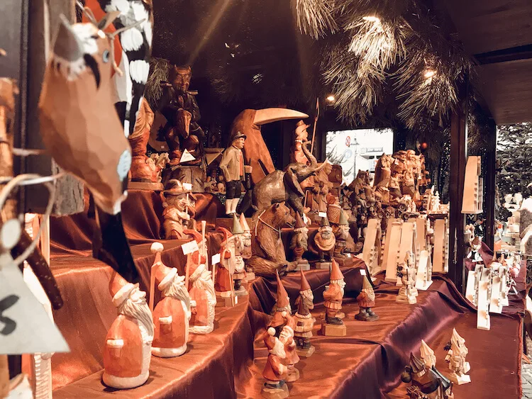 Wooden Santas, gnomes, and figurines at a Christmas market in Cologne