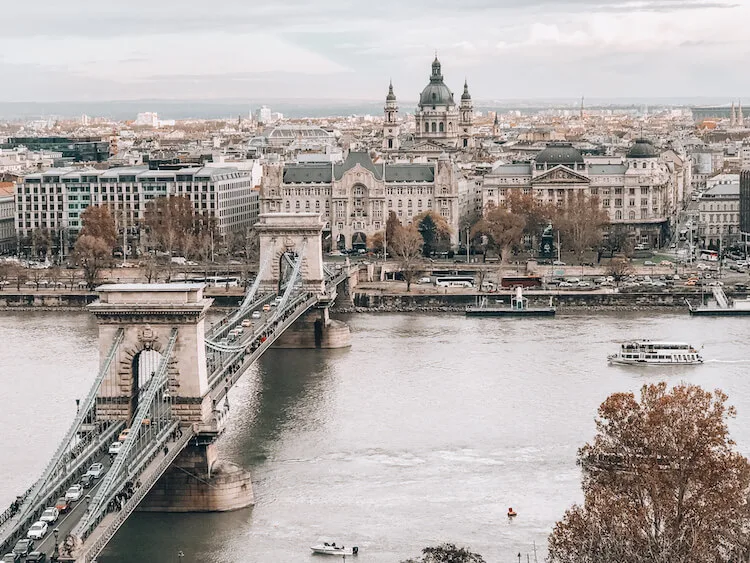 bird's eye view of the Chain Bridge in Budapest