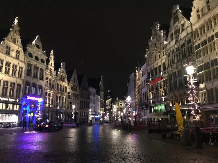 Old Town Antwerp at night lit up with Dutch buildings