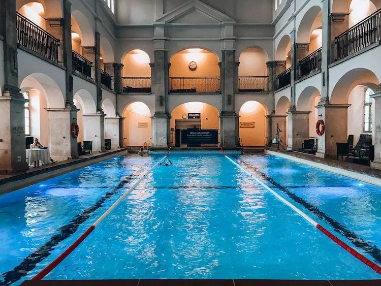 Swimming pool at Rudas Baths with two stories for relaxing