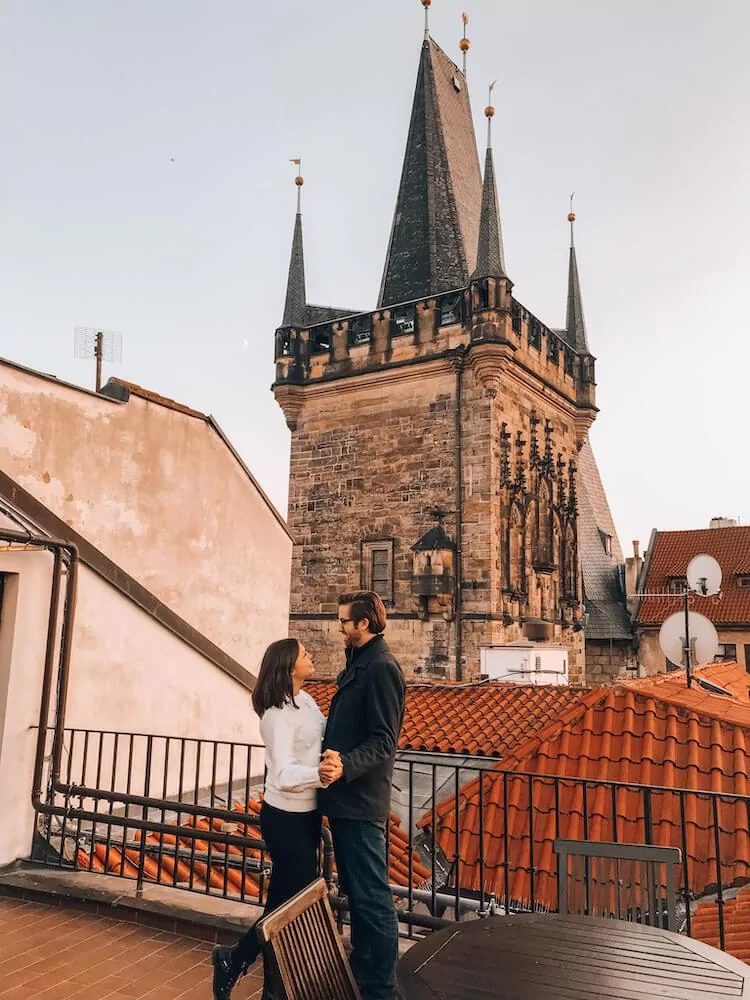 Kat and Chris in front of the Lesser Tower in Prague at Hotel Pod Vezi