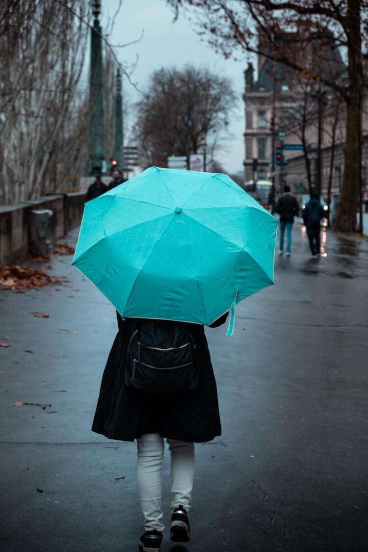 Person with a blue umbrella in Paris