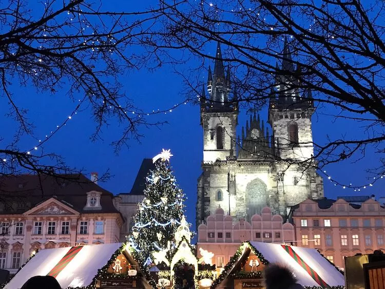 Prague Old Town Square at Night During the Christmas Market Season- Best Honeymoon Destinations in Europe