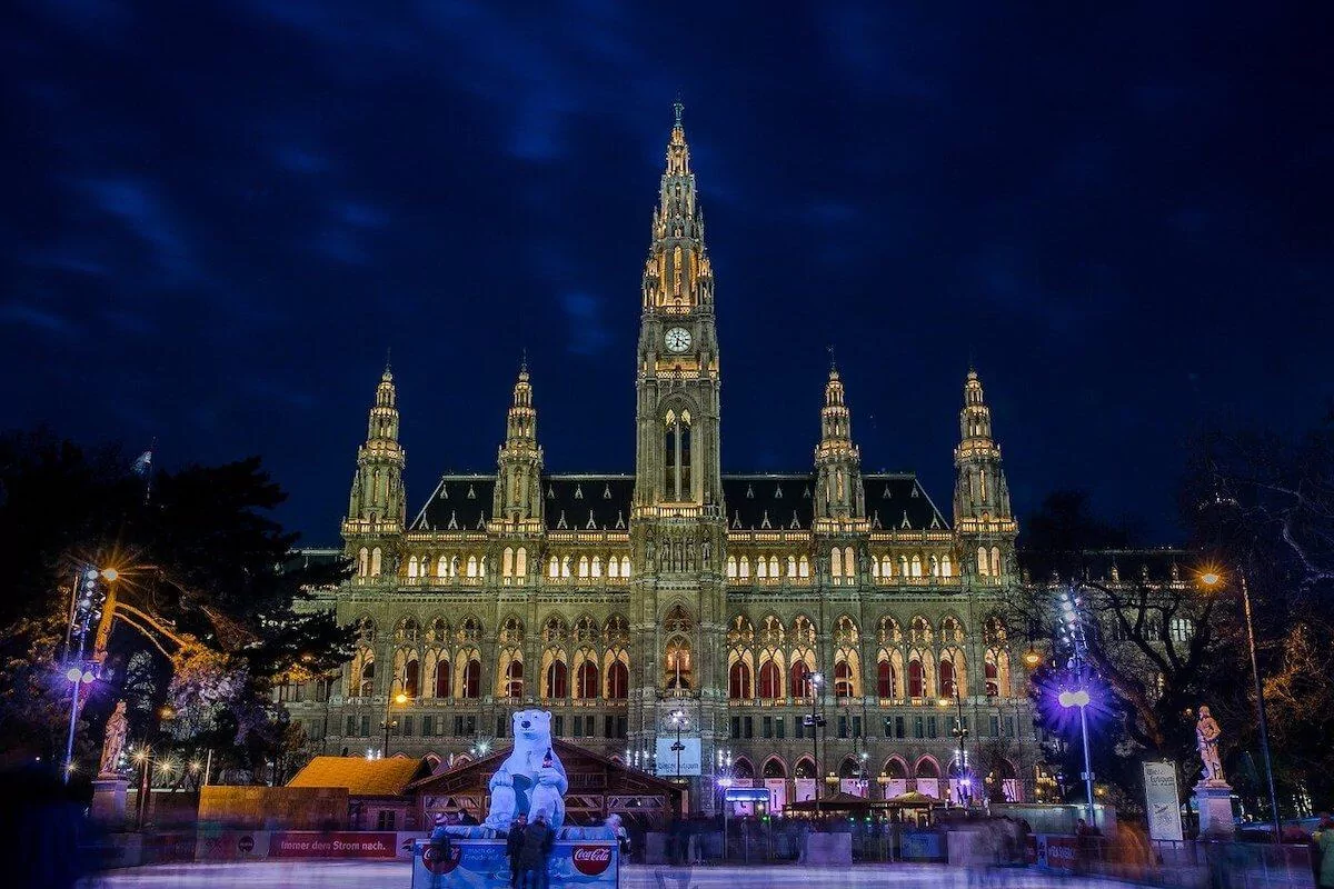 Icerink at the Vienna Townhall lit up at night in December