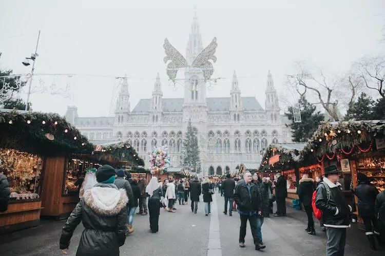 Rathausplatz Christmas Market during the day in Vienna in December