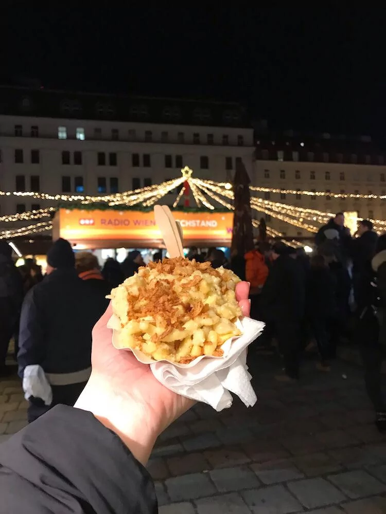 Spaetzle with crispy onions at the Am Hof Christmas Market- Vienna in December