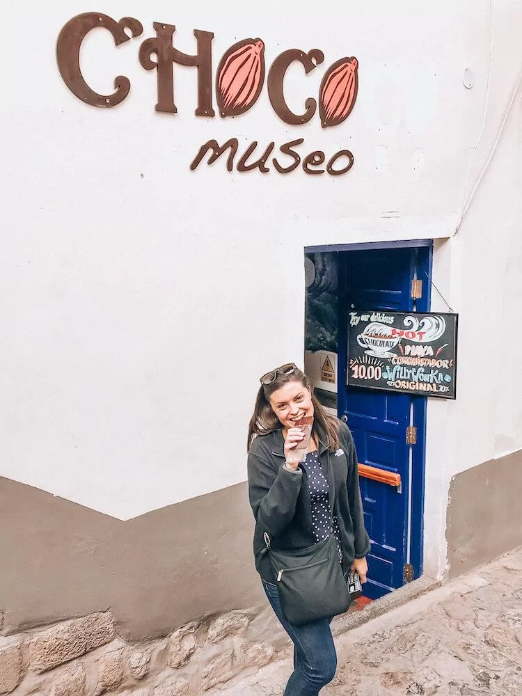 Kat eating Peruvian chocolate in Cusco - Cusco Souvenirs