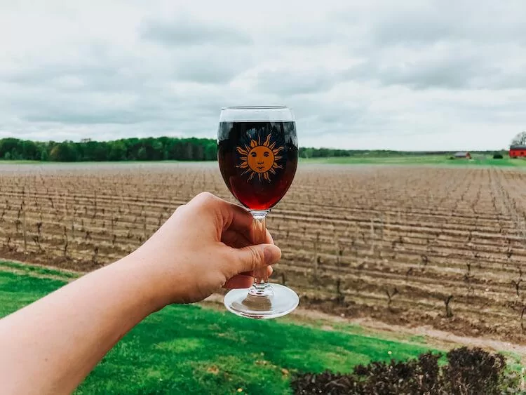 Kat holding a glass of red wine over South River Winery