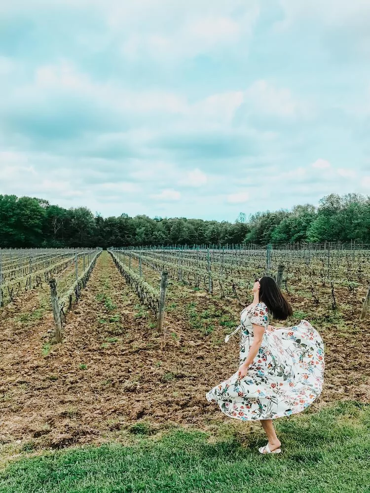 M Cellars vineyard with Kat spinning. Wineries in Geneva Ohio