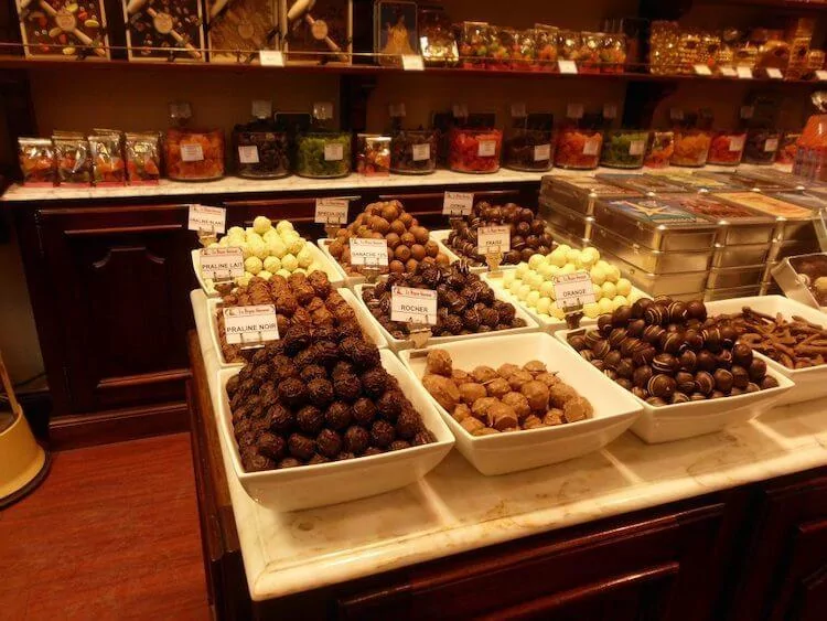 Stacks of Pralines at a chocolate store in Brussels