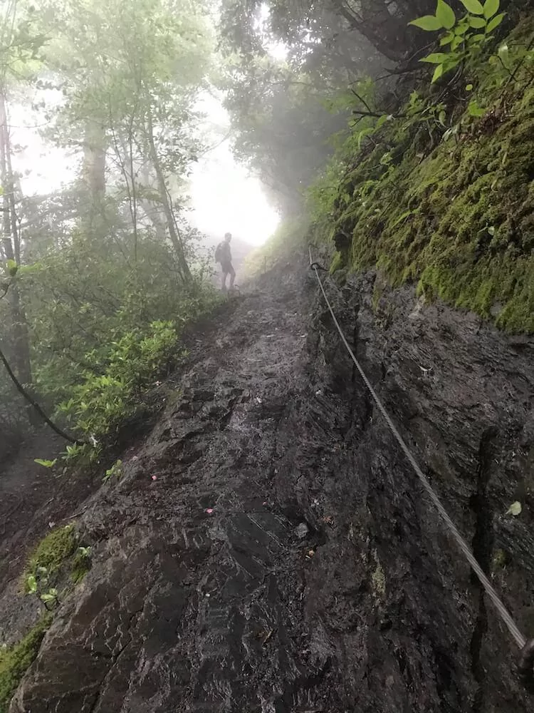 Treacherous Trail with steel cables on the Alum Cave Trail - Best Hikes in the Great Smoky Mountains