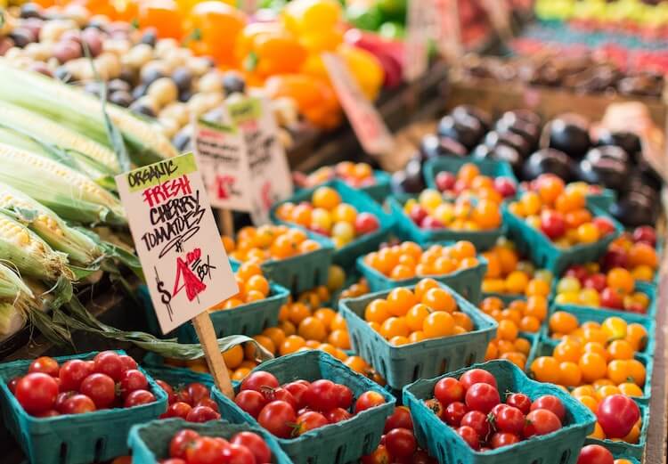 Fresh tomatoes and other produce at Pike Place Market