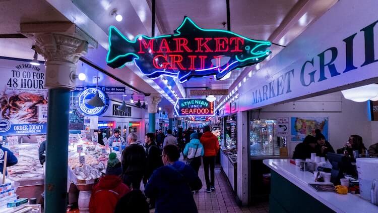 Seafood stands at Pike Place Market