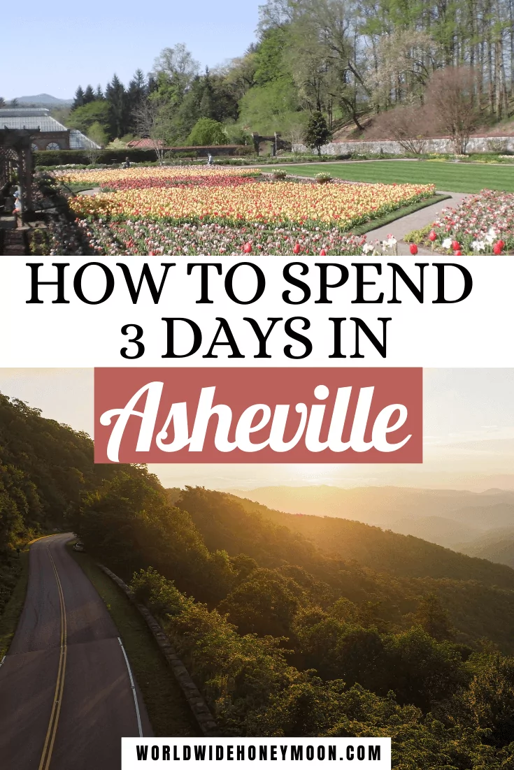 How to Spend 3 Days in Asheville | Top photo are the colorful pink and yellow tulips at the Biltmore and the bottom photo is Blue Ridge Parkway at sunset