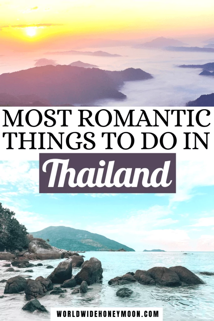 Most Romantic Things to do in Thailand | Top photo is islands at sunset and the bottom is a beach photo with a mountain in the background in Koh Lipe