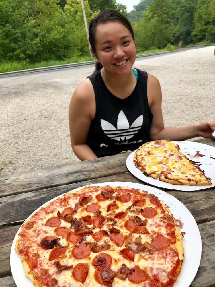 Judy with Miguel's Pizza at Red River Gorge