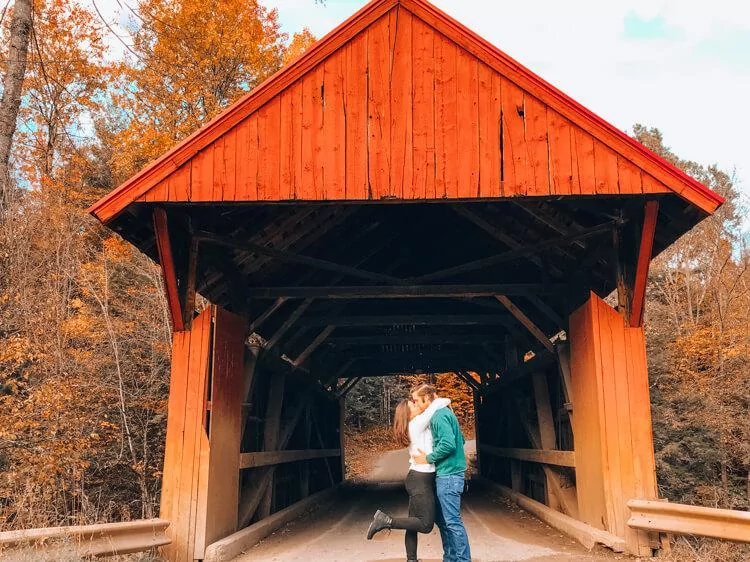 Kat and Chris at Red Covered Bridge | Road Trip Tips for Vermont