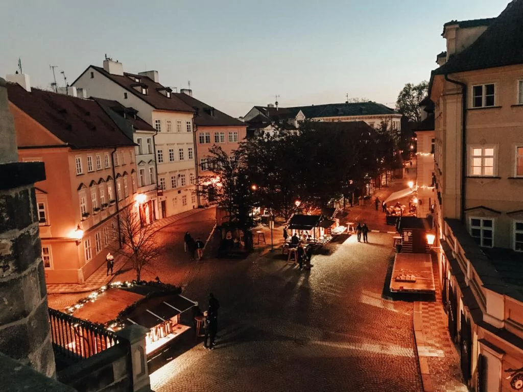 View of the Charles Bridge Christmas Market from the bridge