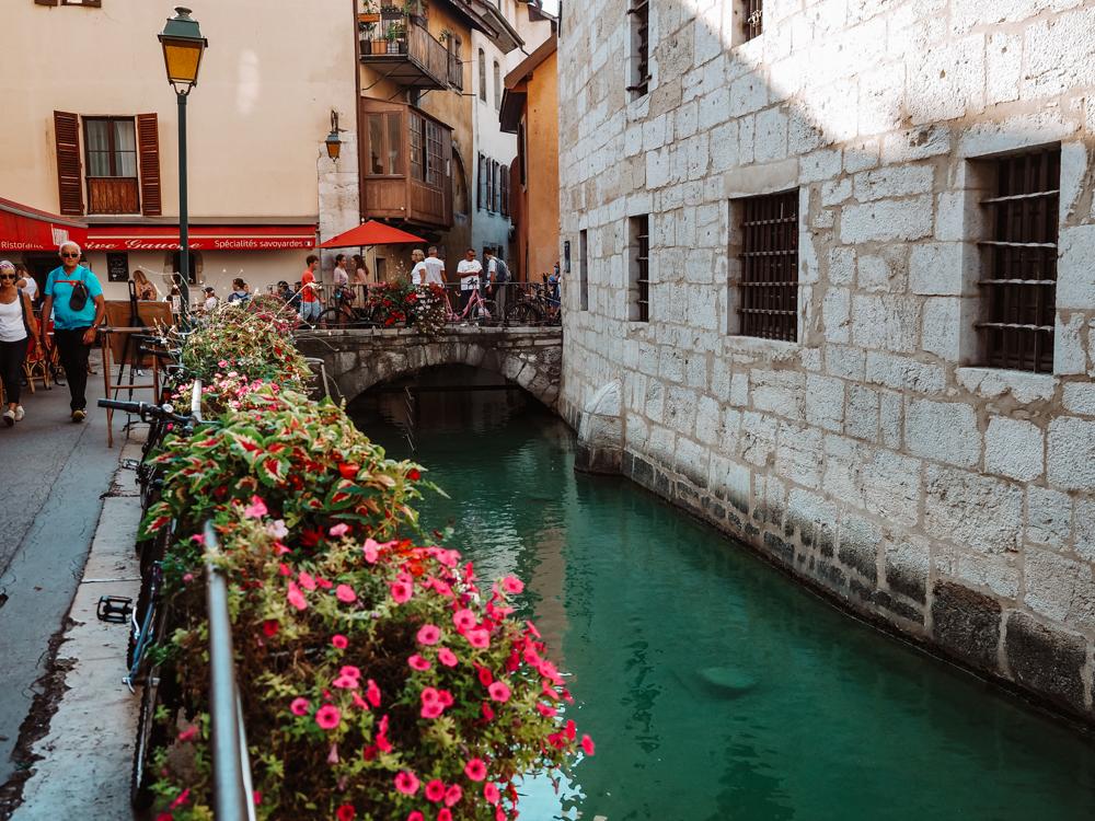 Flower lined canal in Annecy