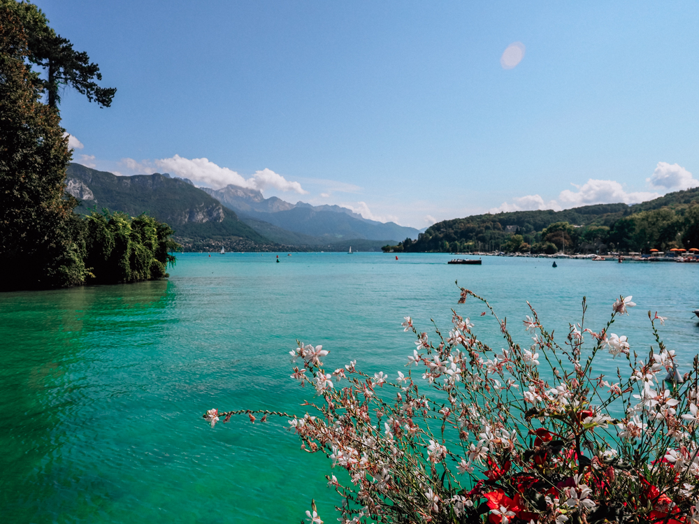 Lake Annecy with flowers in the foreground and mountains in the background | Things to do in Annecy