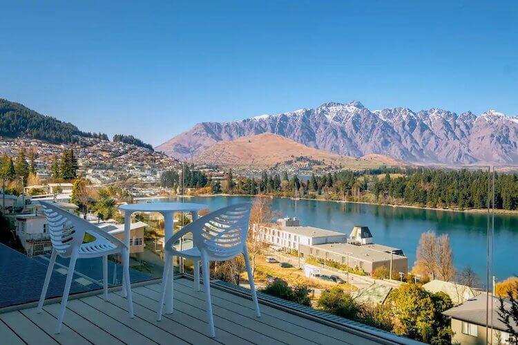Queenstown Airbnb views from the back deck- mountains and lake in the background