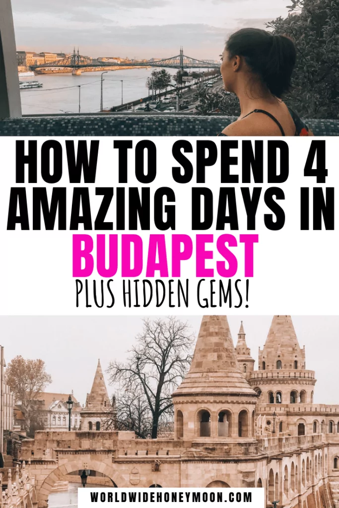 4 Days in Budapest: Top photo is Kat sitting in a hot tub overlooking the Danube, bottom photo is Fisherman's Bastion