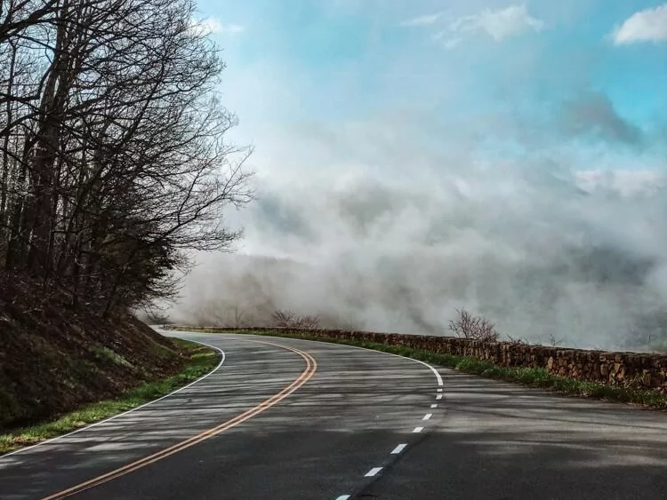 Fog and sunshine while driving along Skyline Drive in Shenandoah National Park